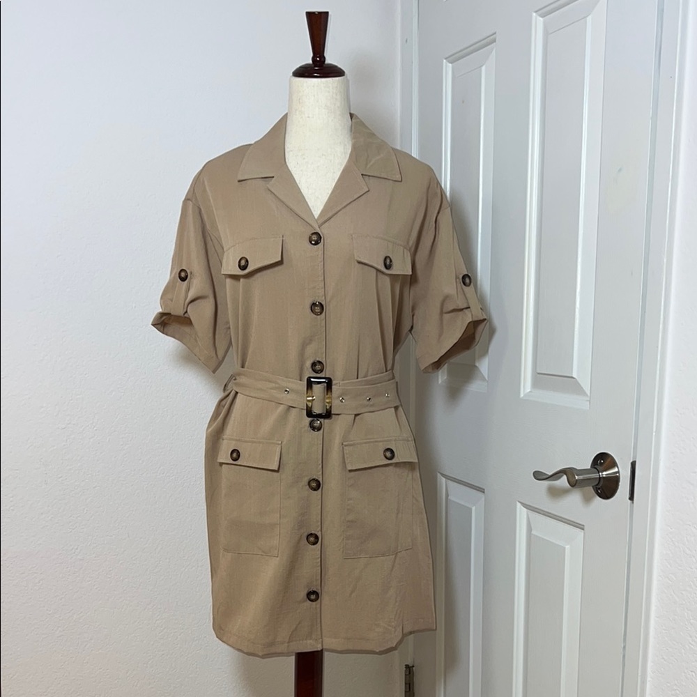 Fashion Nova Tan Button-Up Dress with Belt - Picture 5 of 7
